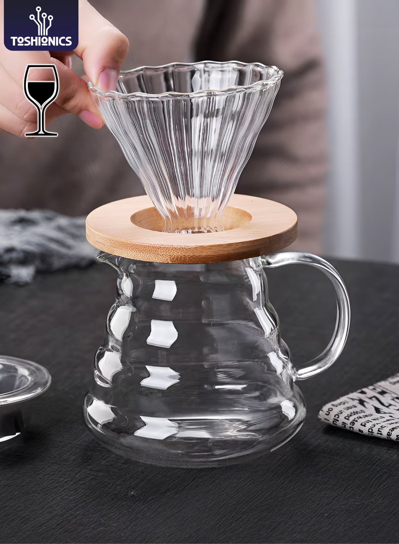 توشيونيكس طقم ماكينة قهوة بالتنقيط سعة ٧٠٠ مل T114662 - مصفاة زجاجية مع حامل من الخيزران وقاعدة تقديم قهوة من البورسليكات | ماكينة تحضير قهوة بالتنقيط يدوية | فلتر مخروطي V60 للاستخدام المنزلي وتحضير القهوة في المقاهي - Image 1